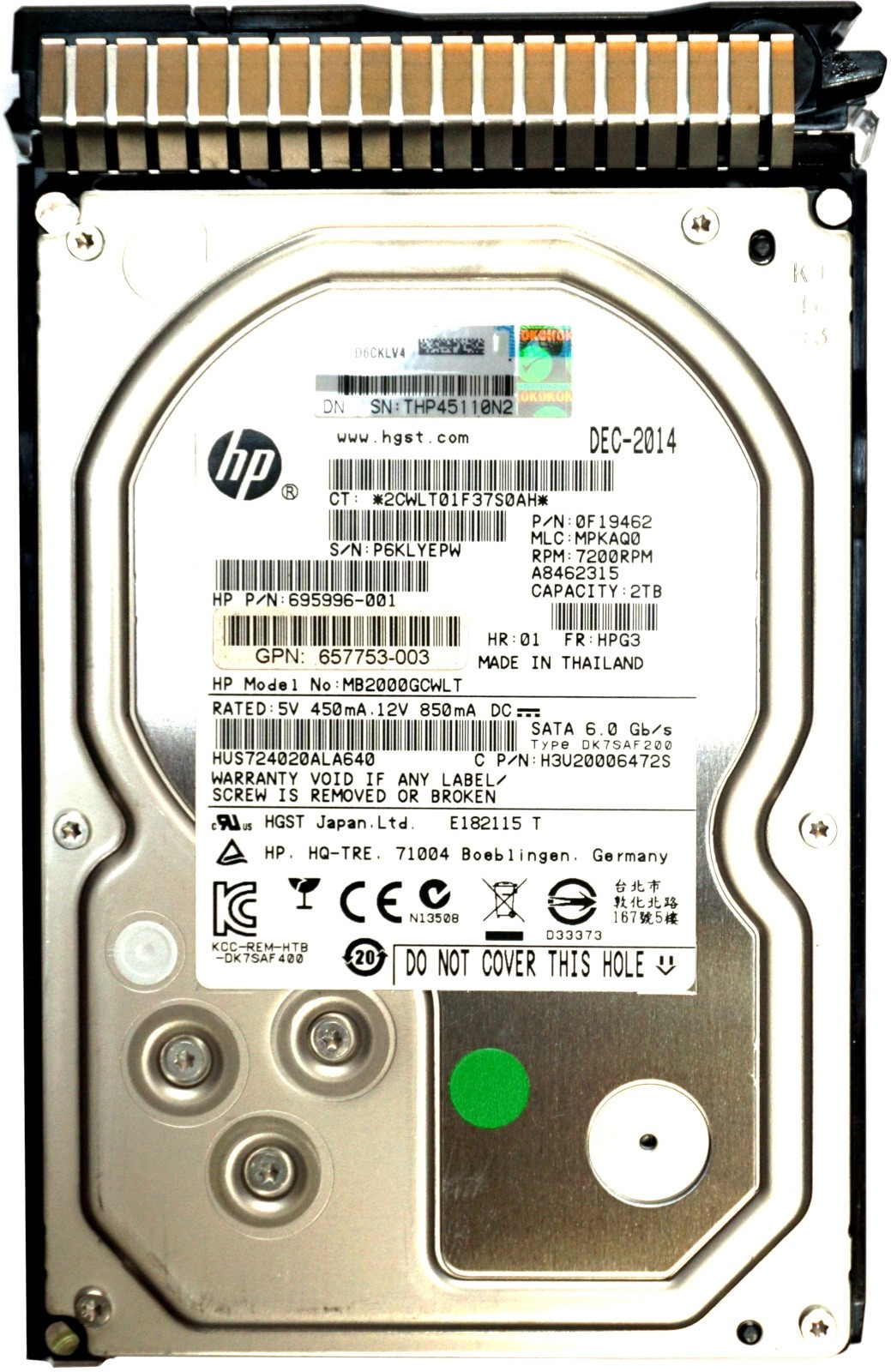 HP (695996-001) 2TB Midline SATA (3.5") 6Gbps 7.2K HDD in Gen8 Hot-Swap Caddy